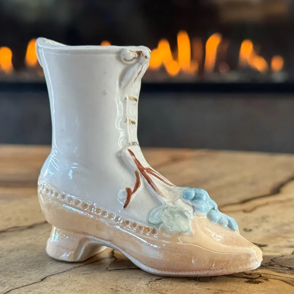 Antique Victorian German Lustreware Porcelain Lace Up Boot w/ Grape Bunches, 3